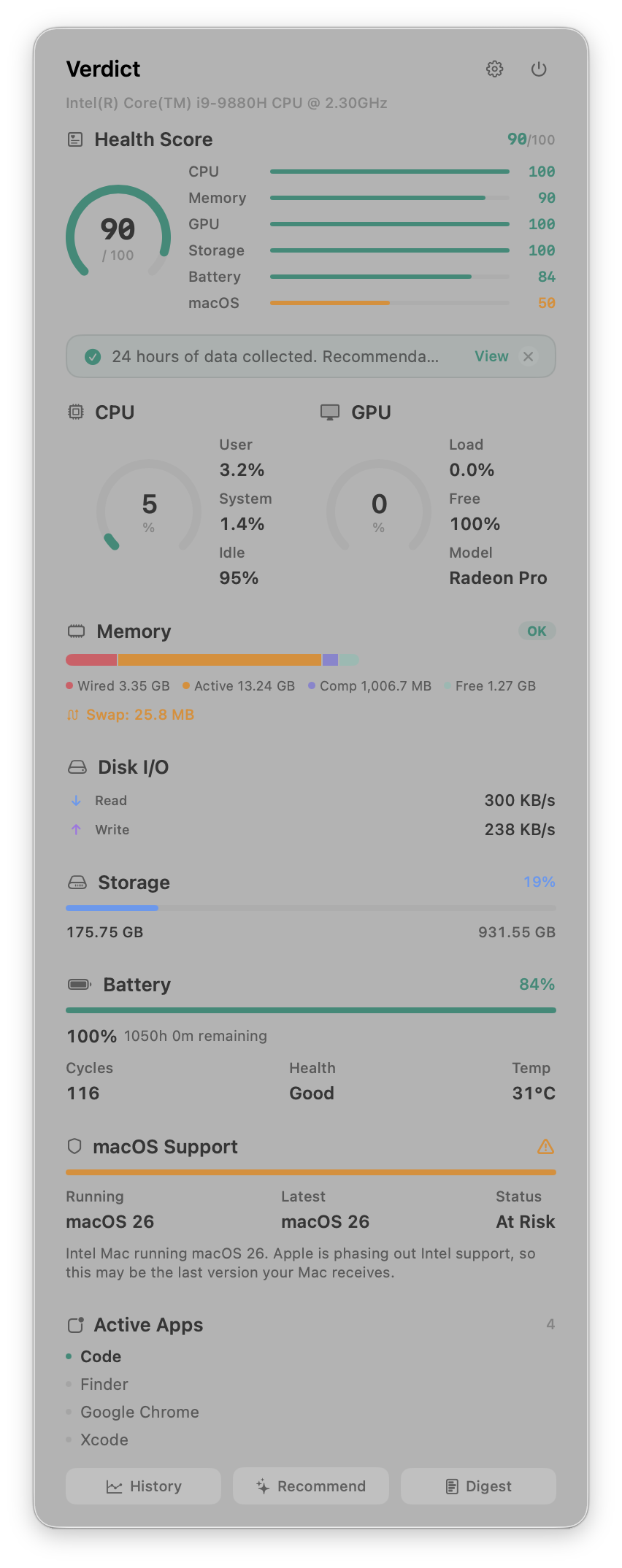 Verdict menu bar dashboard showing health score, CPU, GPU, memory, disk I/O, storage, battery, and macOS compatibility