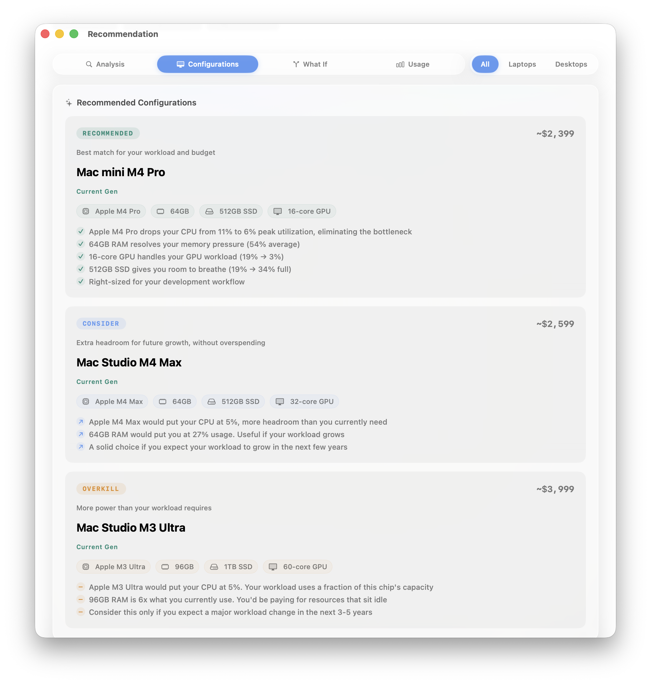 Verdict recommendation view showing Recommended, Consider, and Overkill Mac configurations matched to your workload